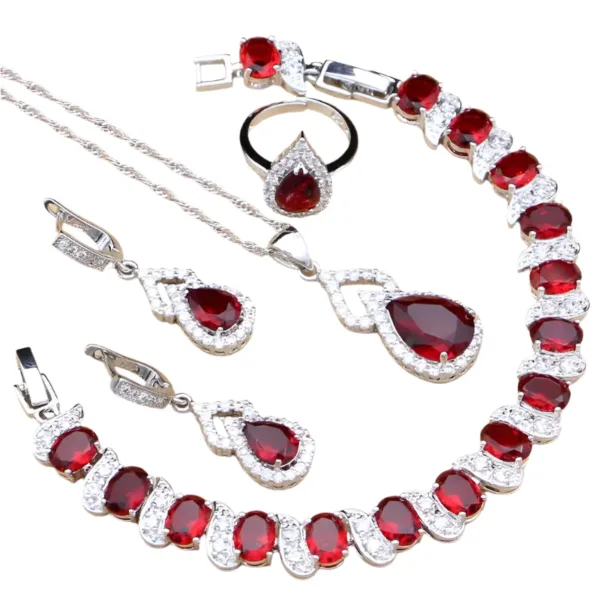 Water Drop 925 Sterling Silver Jewelry Red CZ Stone Jewelry Sets Women Earrings/Pendant/Necklace/Open Rings/Bracelet