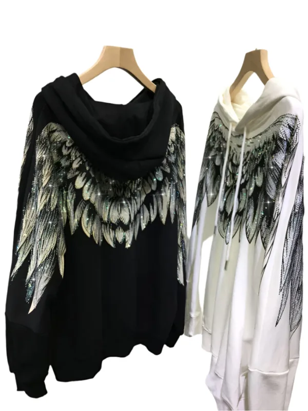 4XL 	Plus Size Women Clothe Rhinestone Both Wing Hooded Sweatshirt Women Men Couple Long Sleeve Black High Street Luxury Hoodies