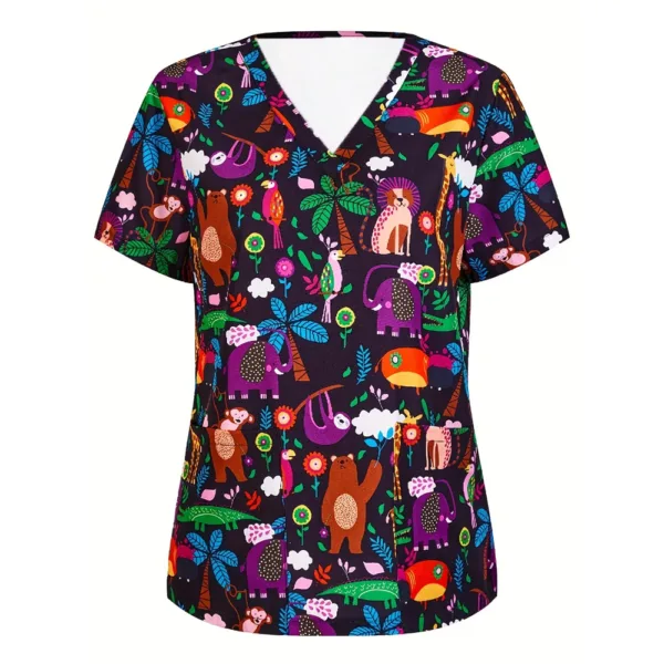 Womens T-Shirts Medical Nursing Uniform Cute Animals Print V-Neck Short Sleeve T Shirt Tops