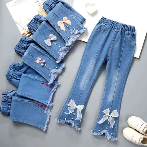 Autumn Elastic Kids Jeans Girls Cute Leisure Bow Denim