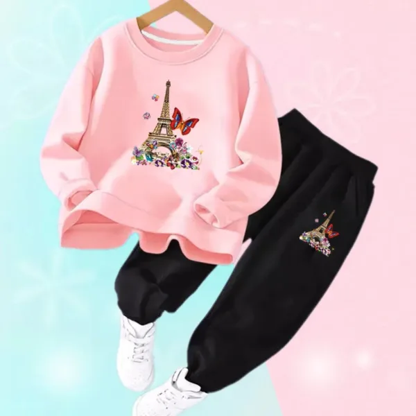 Autumn Baby Girl Clothes Set Children Butterfly Paris Tower Printing Sweatshirt Top