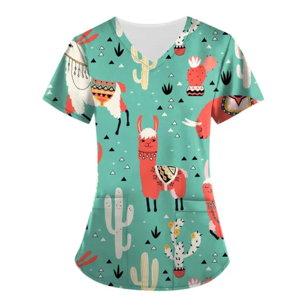 Womens T-Shirts Medical Nursing Uniform Cute Animals Print V-Neck Short Sleeve T Shirt Tops