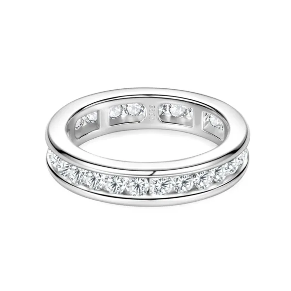 RAPRGOLD Real S925 Silver Groove Inlaid with D VVS1 Round Moissanite Ring for Women Fashion Wedding Ring with GRA Eternity Band